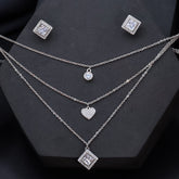Silver Three Layered Heart With Square Shape Necklace With Earring